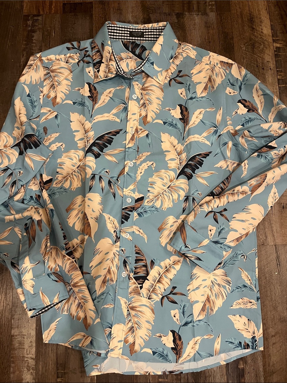 Men's Light Blue Tropical Leaf Print Button-Down Shirt